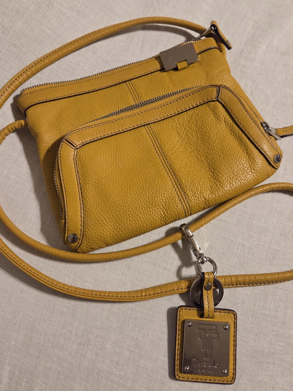Tignanello Mustard Yellow Pebbled Leather Crossbody with Logo Tag